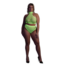 Ouch! Glow Ensemble Bustier et Culotte Filet Vert Fluo
